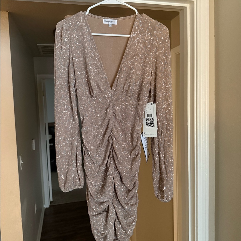 Emerald Sundae Sparkling Tan Long Sleeve Dress